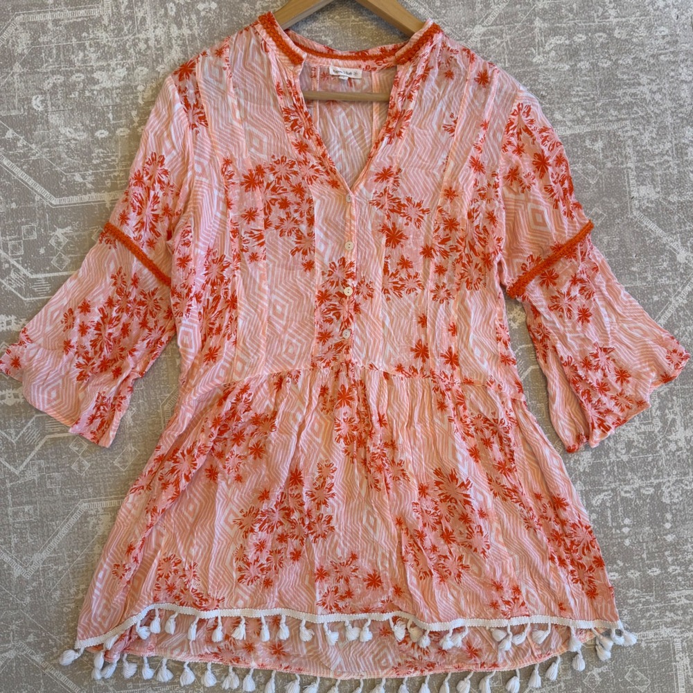 Poupette St Barth Orange Pink Floral Tassel Tunic‎ Top Size 1 Boho Resortwear